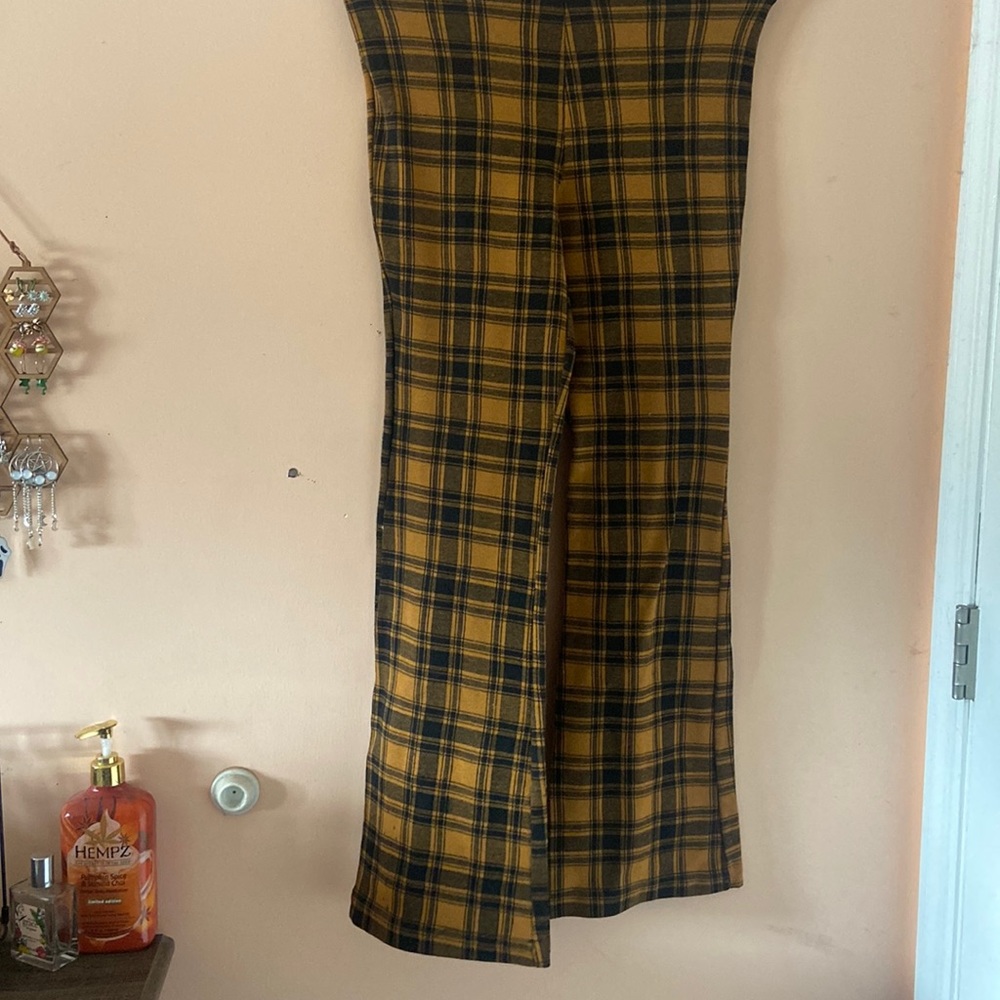 Plaid black and mustard yellow bell bottom pants